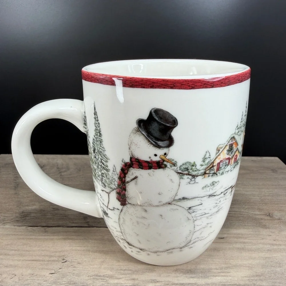 Williams Sonoma Snowman Christmas Coffee Mug Cup Winter Village Scene‎ 13OZ
